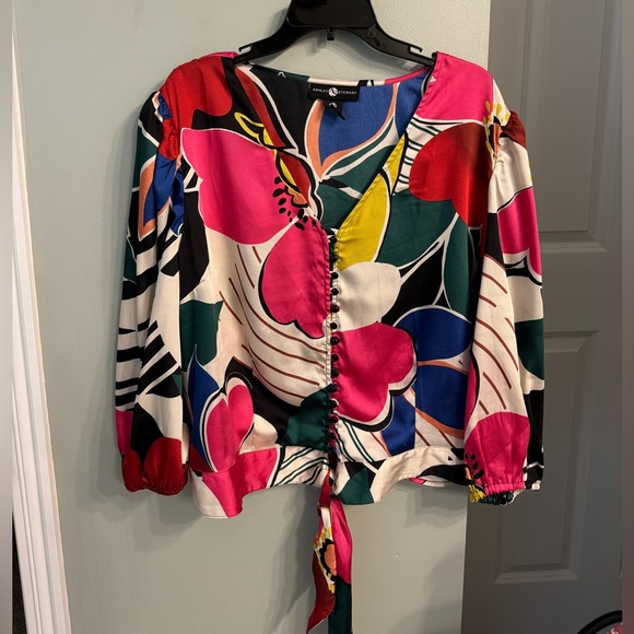Ashley Stewart Belted Floral Print Satin Blouse 18/20 - Picture 2 of 9